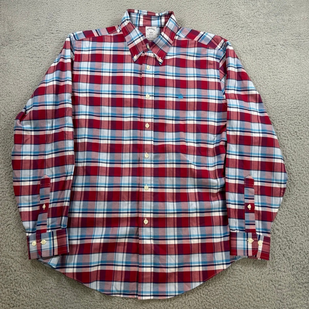 Brooks Brothers 1818 Regent Mens L Red Blue Plaid Non-Iron Supima Cotton Shirt